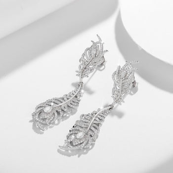 PEACOCK FEATHER MOISSANITE DROP EARRINGS IN STERLING SILVER