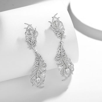 PEACOCK FEATHER MOISSANITE DROP EARRINGS IN STERLING SILVER