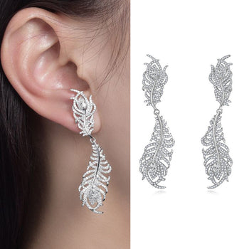 PEACOCK FEATHER MOISSANITE DROP EARRINGS IN STERLING SILVER