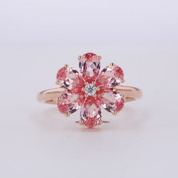 PEAR CUT LAB GROWN SAKURA PINK GEMSTONE FLOWER RING IN 10K ROSE GOLD