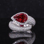 PEAR CUT LAB GROWN RUBY AND MOISSANITE MICRO PAVE RING IN 10K WHITE GOLD