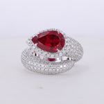 PEAR CUT LAB GROWN RUBY AND MOISSANITE MICRO PAVE RING IN 10K WHITE GOLD