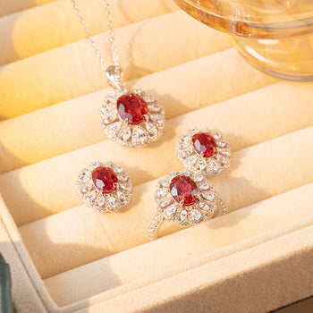 PIGEON BLOOD LAB GROWN RUBY RING/EARRINGS/PENDANT IN STERLING SILVER