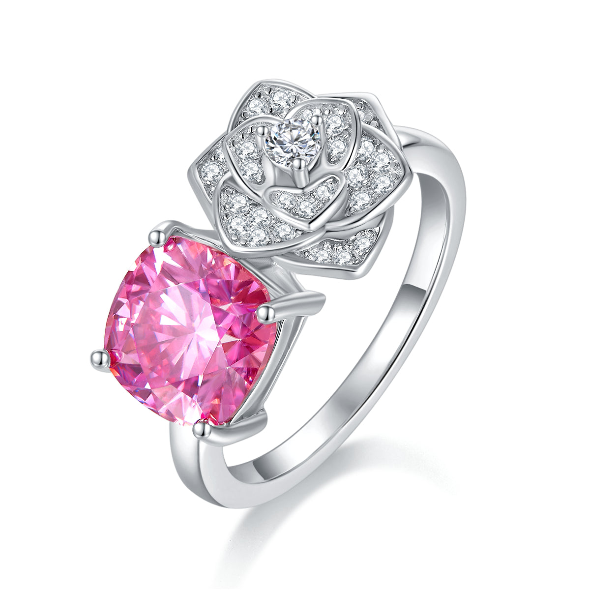 CUSHION CUT PINK MOISSANITE RING IN STERLING SILVER