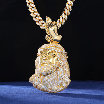 Pendentif main en prière en moissanite et diamants, représentant Jésus, en argent sterling