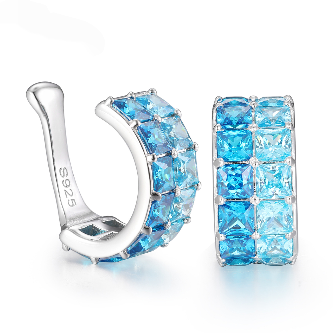 PRINCESS CUT BLUE CZ CUFF EARRINGS IN STERLING SILVER