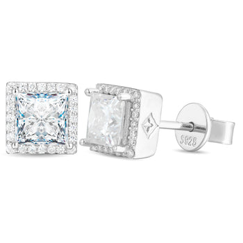 Boucles d'oreilles géométriques en diamant moissanite taille princesse, serties sur de l'argent sterling 