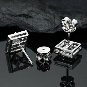 Boucles d'oreilles en moissanite de forme carrée taille princesse, montées sur argent sterling 