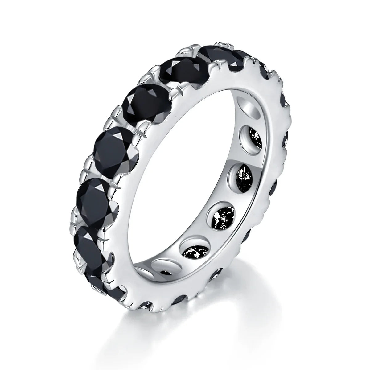 BLACK ROUND MOISSANITE ETERNITY BAND RING IN STERLING SILVER