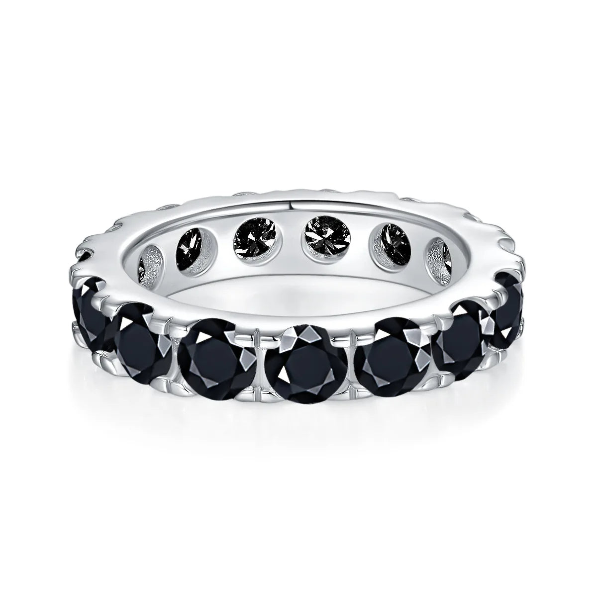 BLACK ROUND MOISSANITE ETERNITY BAND RING IN STERLING SILVER