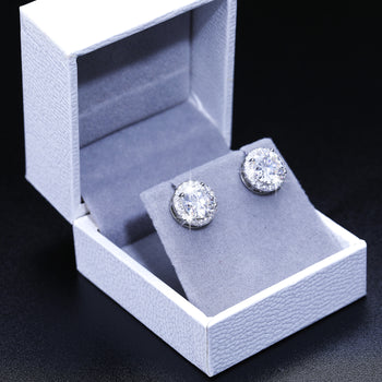 ROUND BRILLIANT CUT MOISSANITE DIAMOND SCREW BACK HALO STUD EARRINGS IN STERLING SILVER - IVORY & EBONY