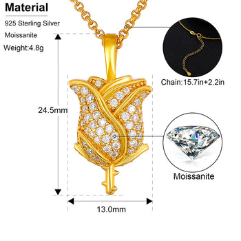 Pendentif en forme de rose en moissanite taille brillant rond, monté sur argent sterling