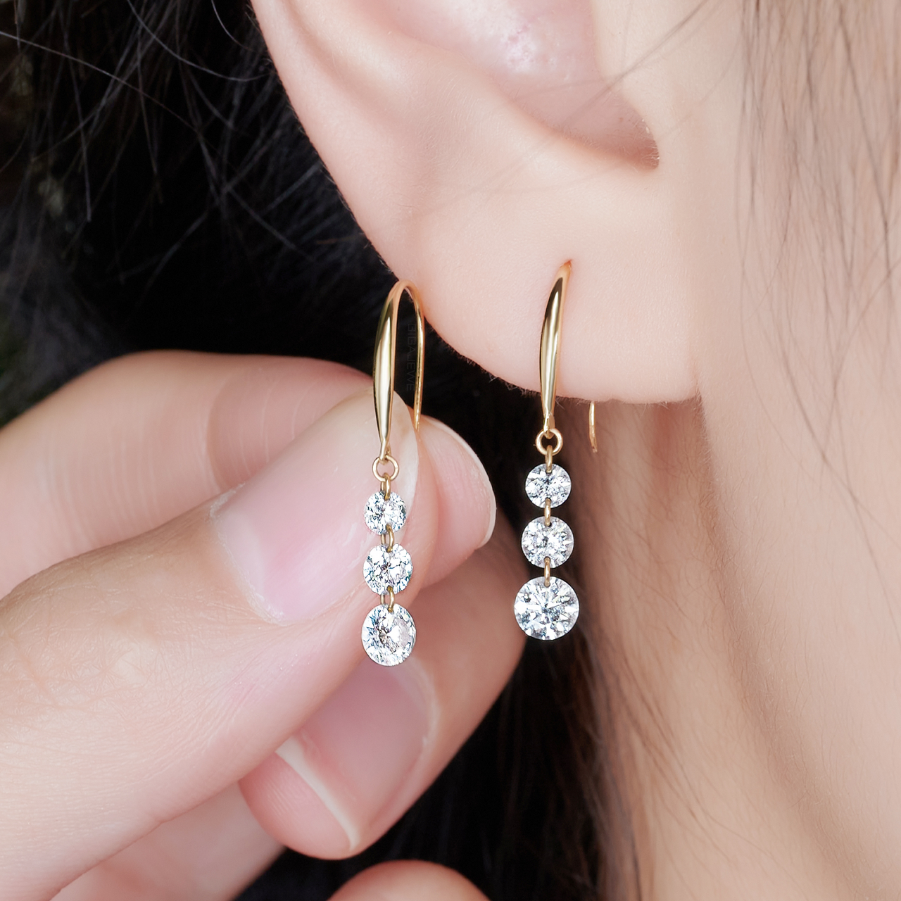 ROUND CUT LAB DIAMOND THREE DROP EARRINGS IN SOLID GOLD