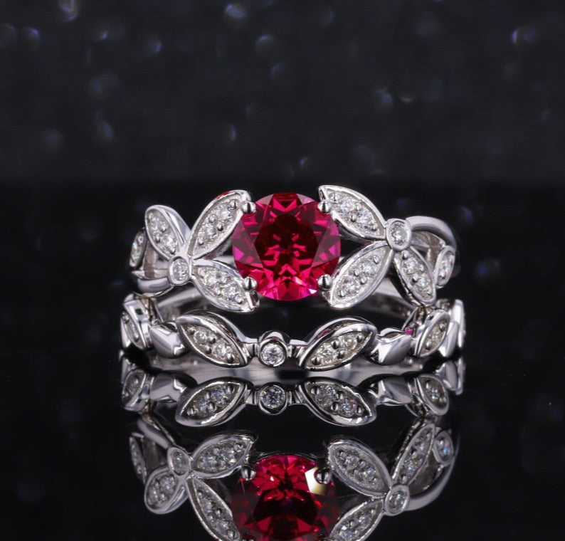 ROUND LAB GROWN RUBY AND MOISSANITE DIAMOND RING IN 10K WHITE GOLD