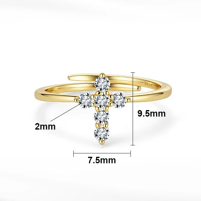 Gold cross-shaped ring with diamond accents, shown with measurements and product details on a white background.