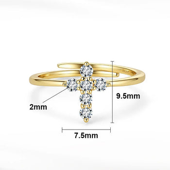 Gold cross-shaped ring with diamond accents, shown with measurements and product details on a white background.