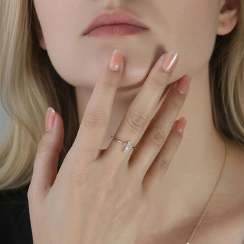 ROUND MOISSANITE CROSS RING IN STERLING SILVER