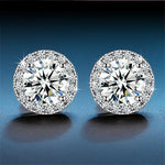 ROUND BRILLIANT CUT MOISSANITE DIAMOND SCREW BACK HALO STUD EARRINGS IN STERLING SILVER