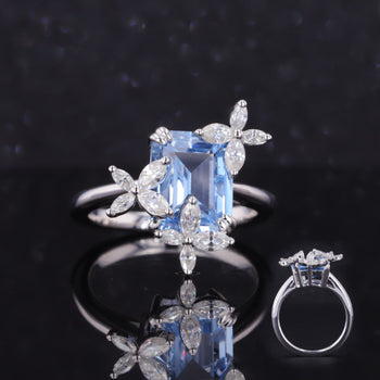 THREE FLOWER MOISSANITE WITH BAGUETTE LAB GROWN SAPPHIRE IN 14K SOLID GOLD