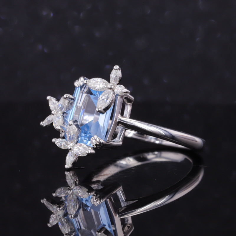 THREE FLOWER MOISSANITE WITH BAGUETTE LAB GROWN SAPPHIRE IN 14K SOLID GOLD