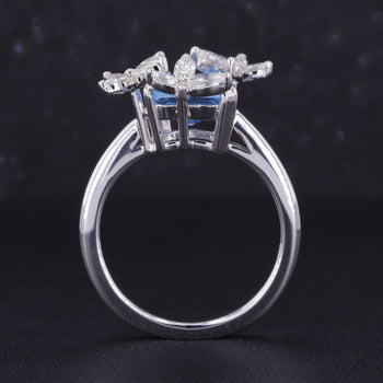 THREE FLOWER MOISSANITE WITH BAGUETTE LAB GROWN SAPPHIRE IN 14K SOLID GOLD