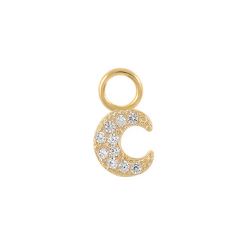 Gold crescent moon charm with embedded stones on a white background