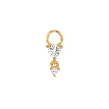 Gold earring with a clear gemstone on a white background