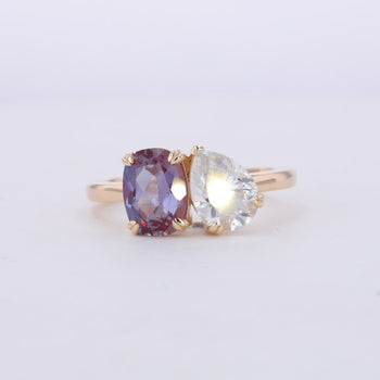 CUSHION CUT LAB GROWN ALEXANDRITE AND PEAR CUT MOISSANITE TOI ET MOI RING IN 10K GOLD