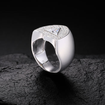 TRIANGLE SHAPE MOISSANITE GUARD SHIELD SIGNET RING IN STERLING SILVER