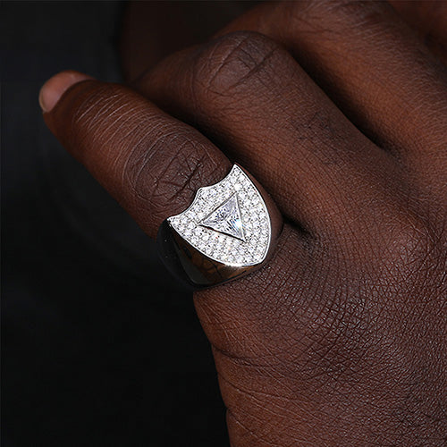 TRIANGLE SHAPE MOISSANITE GUARD SHIELD SIGNET RING IN STERLING SILVER