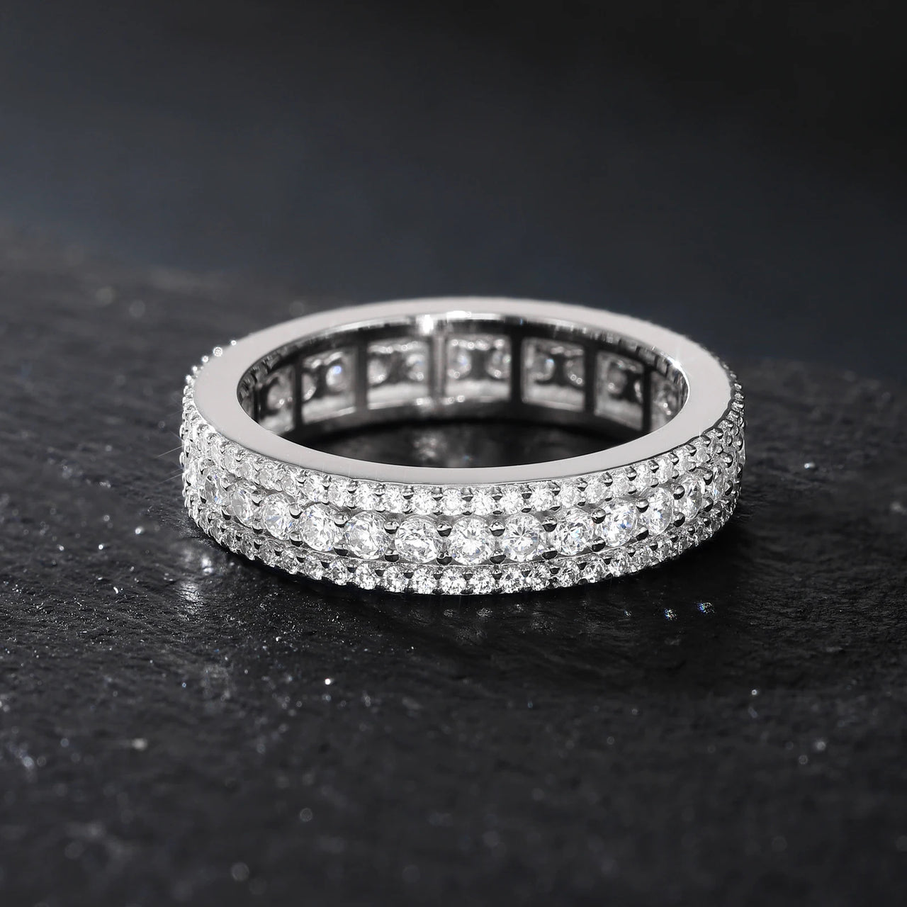 TRIPLE ROW PAVÉ MOISSANITE ETERNITY BAND IN STERLING SILVER