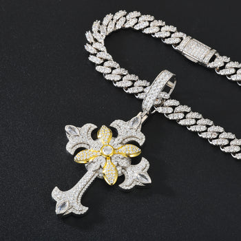 TWO TONE MOISSANITE FLOWER CROSS PENDANT IN STERLING SILVER