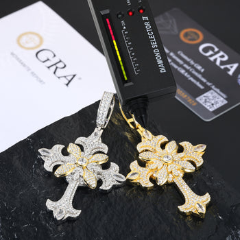 TWO TONE MOISSANITE FLOWER CROSS PENDANT IN STERLING SILVER