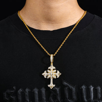 TWO TONE MOISSANITE FLOWER CROSS PENDANT IN STERLING SILVER