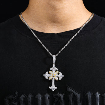 TWO TONE MOISSANITE FLOWER CROSS PENDANT IN STERLING SILVER