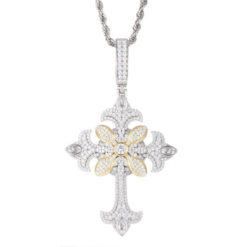 TWO TONE MOISSANITE FLOWER CROSS PENDANT IN STERLING SILVER