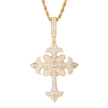 TWO TONE MOISSANITE FLOWER CROSS PENDANT IN STERLING SILVER