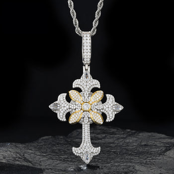 TWO TONE MOISSANITE FLOWER CROSS PENDANT IN STERLING SILVER