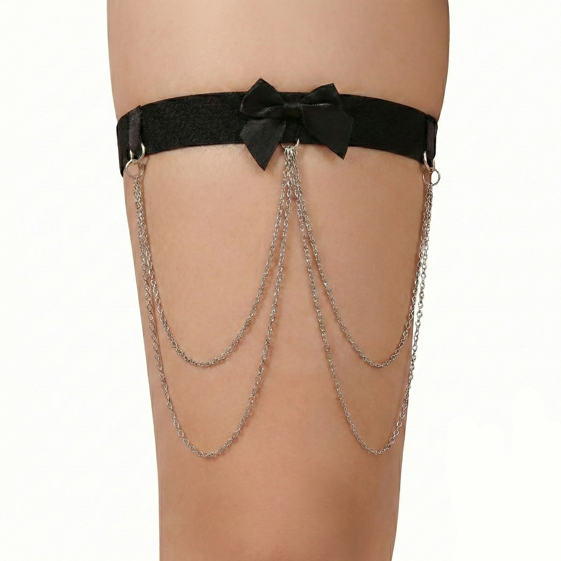 Black garter belt with chain details on a white background