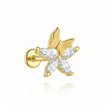 Gold butterfly earring with clear gemstones on a white background