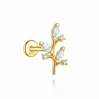 Gold earring with diamond-like stones on a white background