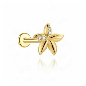 Gold earring with leaf design and embedded diamonds on a white background