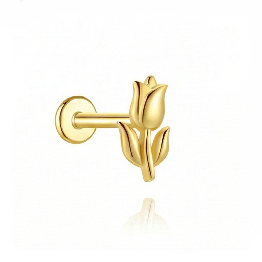 Gold tulip-shaped earring on a white background