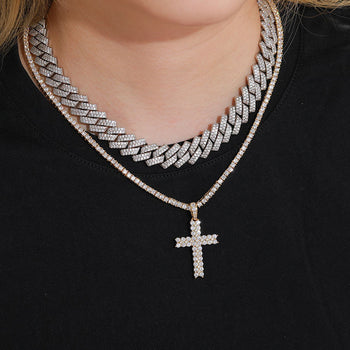 2 ROWS MOISSANITE CROSS PENDANT NECKLACE IN STERLING SILVER