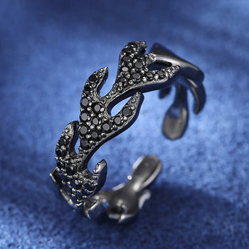 ADJUSTABLE MOISSANITE DIAMOND ICED OUT FLAME RING IN STERLING SILVER - IVORY & EBONY