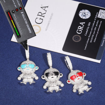 MICRO PAVED MOISSANITE DIAMOND MONKEY PENDANT IN STERLING SILVER - IVORY & EBONY