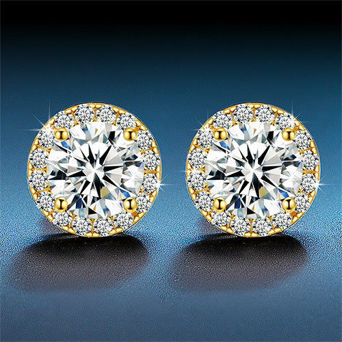 ROUND BRILLIANT CUT MOISSANITE DIAMOND SCREW BACK HALO STUD EARRINGS IN STERLING SILVER - IVORY & EBONY